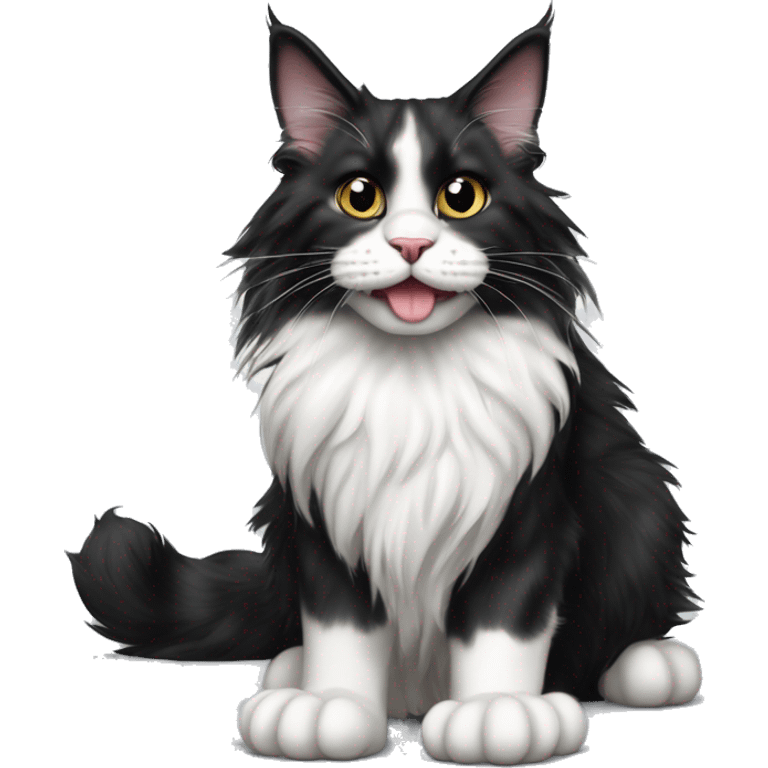 black and white maine coon cat with tongue hanging out and bulging eyes and paws standing on the floor emoji