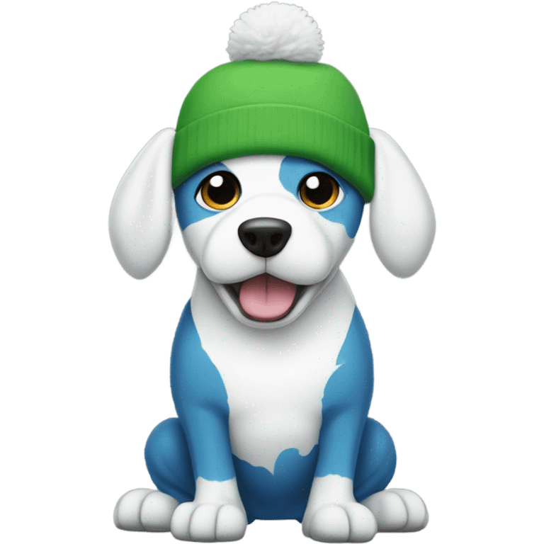 White dog with green beanie with a frog on the beanie, the dog is white, and also has a blue tanktop and baggy jeans, the dog is also standing up on its legs. emoji