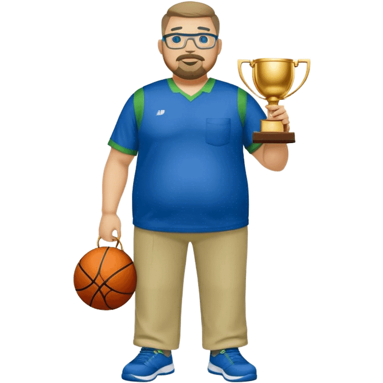 full body white obese male basketball coach with trophy. Goatee , Wearing glasses and blue and green polio and khaki pants emoji