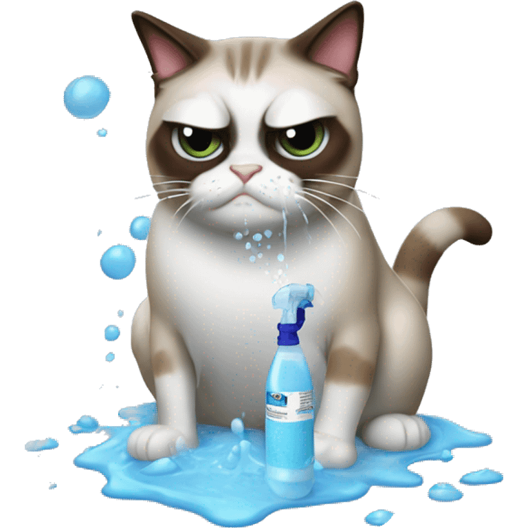 Spray bottle spraying water at a grumpy cat emoji