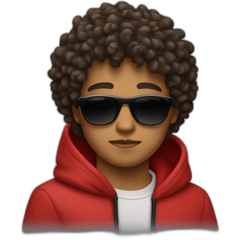 Square-jawed boy with curly hair and a degrade, wearing black sunglasses and a red hoodie. emoji