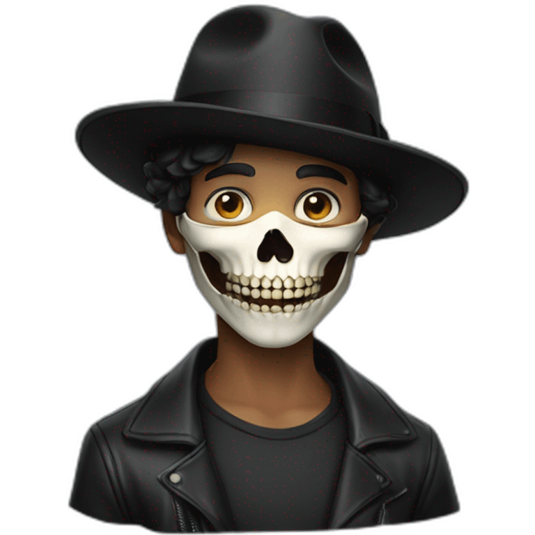 young age man wearing half skull mask (opening at mouth) with a black fedora hat emoji