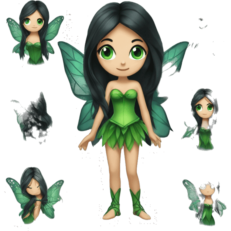 Fairy with long black hair deep green eyes green wings and green corset emoji