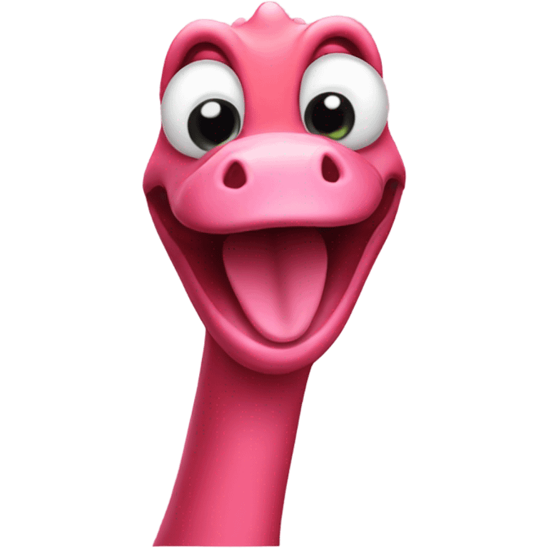 A pink dinosaur making duck lips emoji