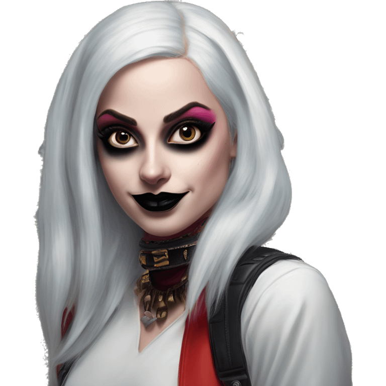 Arabic programmer in Harley Quinn style, oil paint, mysterious eyes, intricate lips, masterpiece portrait, odd perspective, beautiful, desirable, logical emoji