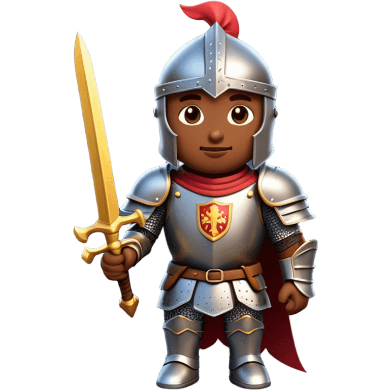 Clash of Clans aesthetic: Cinematic Playful Armored Knight Hero Emoji, rendered in a 3D vector-style similar to standard emojis with minimal shading and bold, simplified shapes. A compact, isometric warrior clad in gleaming plate armor with intricate heraldic details, softly glowing with a chivalrous medieval charm. Simplified yet unmistakably iconic, highly detailed and consistent, glowing with a soft radiant shine and high polish. Stylized with a touch of noble valor and a soft glowing outline, capturing the essence of a gallant knight ready for honorable battle with a friendly, playful manner! emoji