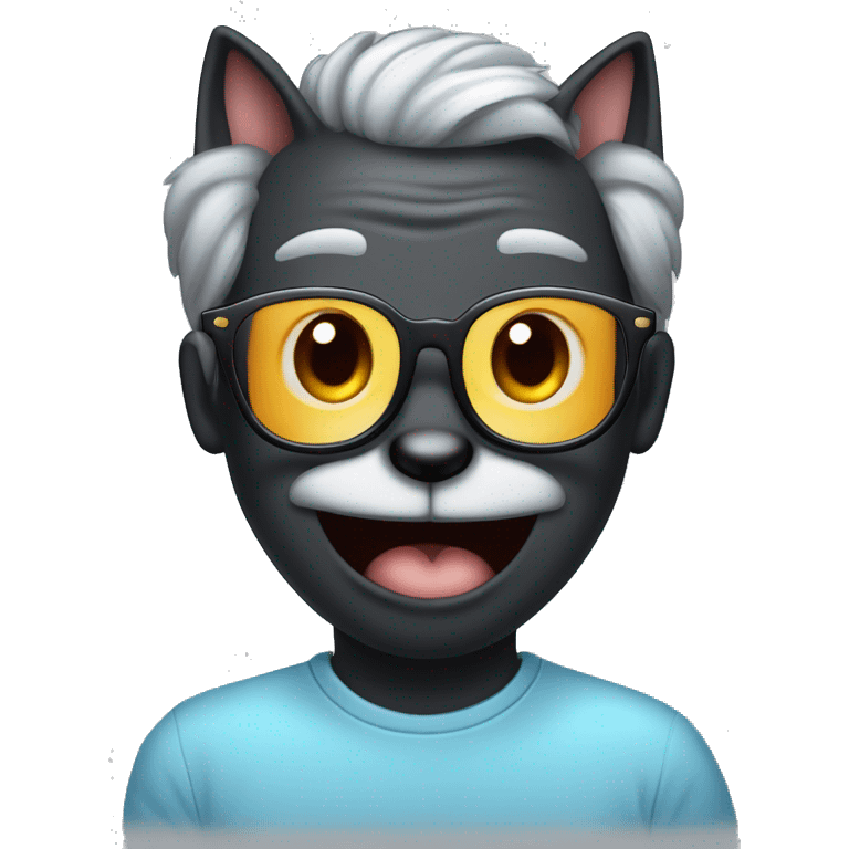 A black cat with a mouse in his mouth with a man smiling softly with grey hair no beard rectangular glasses in a sky blue shirt  emoji