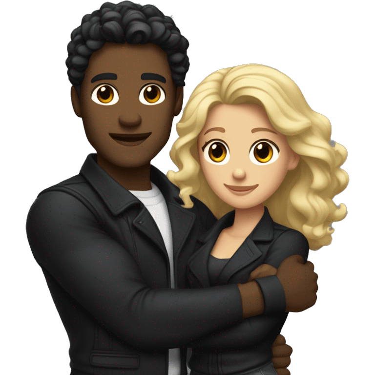 A muscular, well-shaped, slightly dark-skinned man with wavy hair and a black jacket. and a woman with light blonde and black hair hugging him. emoji