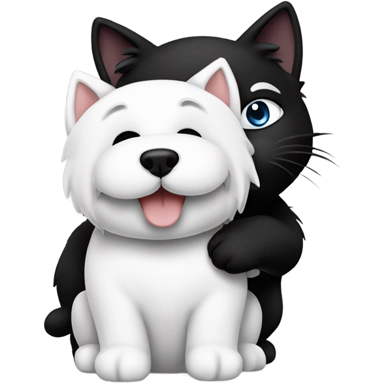 White West highland terrier hugging a black cat emoji