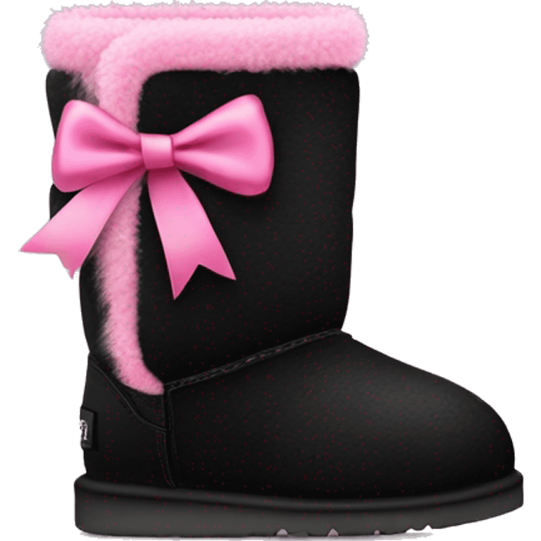 Realistic black Ugg fur boots with pink ribbon bows and stitching isolated.  emoji