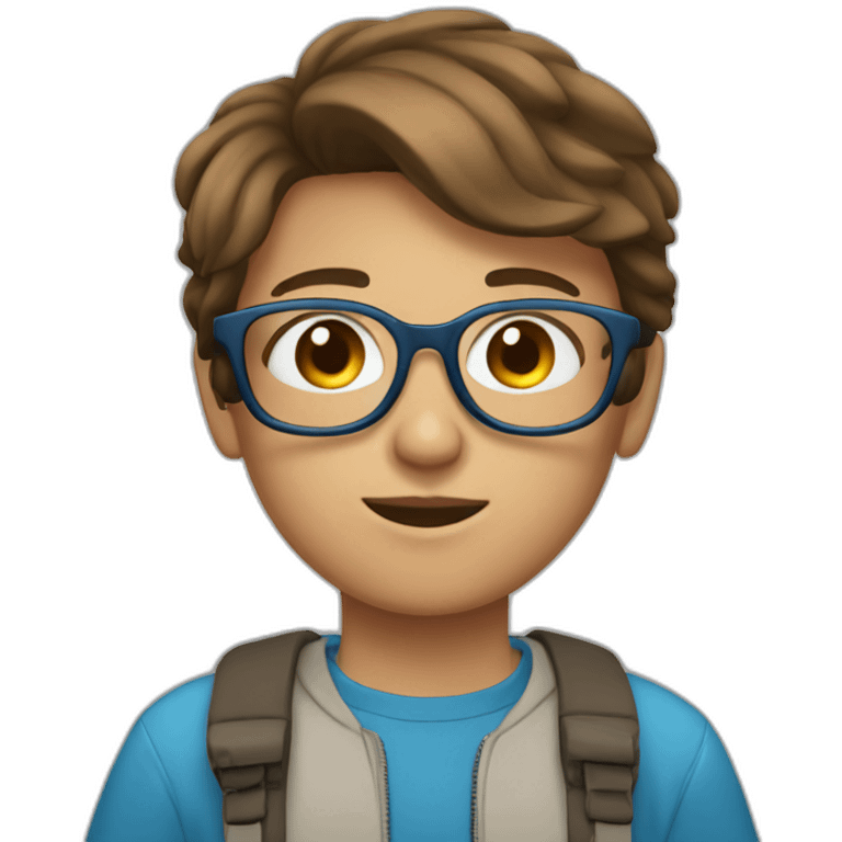 Teenager with brown short hair , transparent glasses, blue eyes emoji