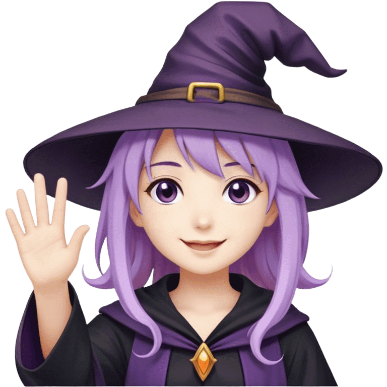 anime girl with lilac hair in a witch hat waving and smiling emoji