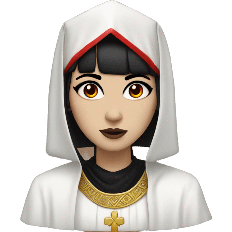 white emo girl with black hair, red eyes, dressed as a priest with flowing robes, wearing a pharaoh headdress in black and red emoji