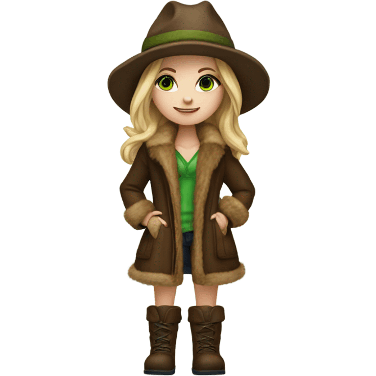 Realistic White girl with Long straight blonde hair, green eyes, tattoos, full body wearing Brown fur coat and fur hat and Brown leather boots, walking emoji