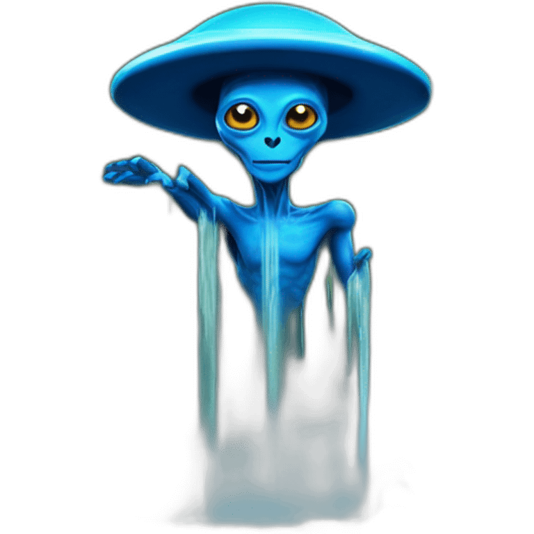 A blue alien wizard standing on a UFO near the edge of a waterfall emoji