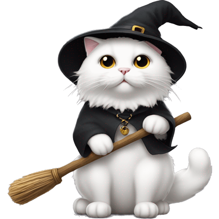 White fluffy cat wearing black witch hat, sitting on a broom stick emoji