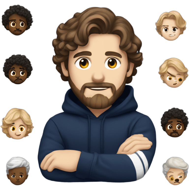 White boy with dark brown medium length wavy hair and a beard and mustache and the prettiest hazel eyes you’ve ever seen in a navy sweatshirt emoji