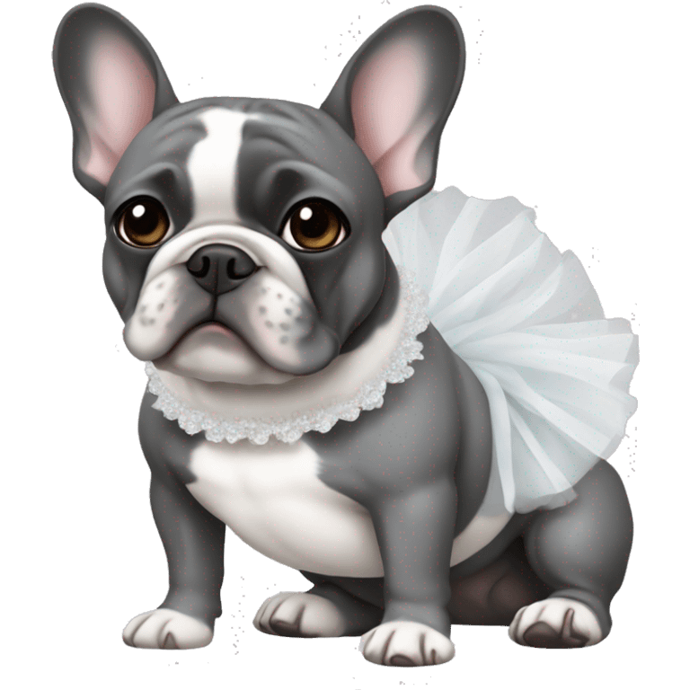 A grey and white French bulldog wearing a tutu emoji