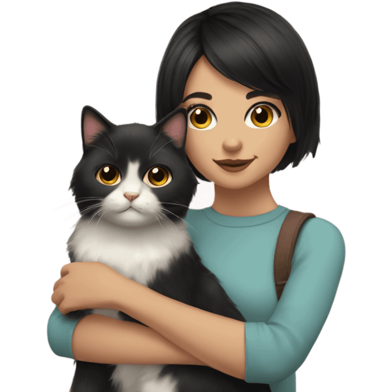 Pretty girl with short black hair along with fluffy cat emoji