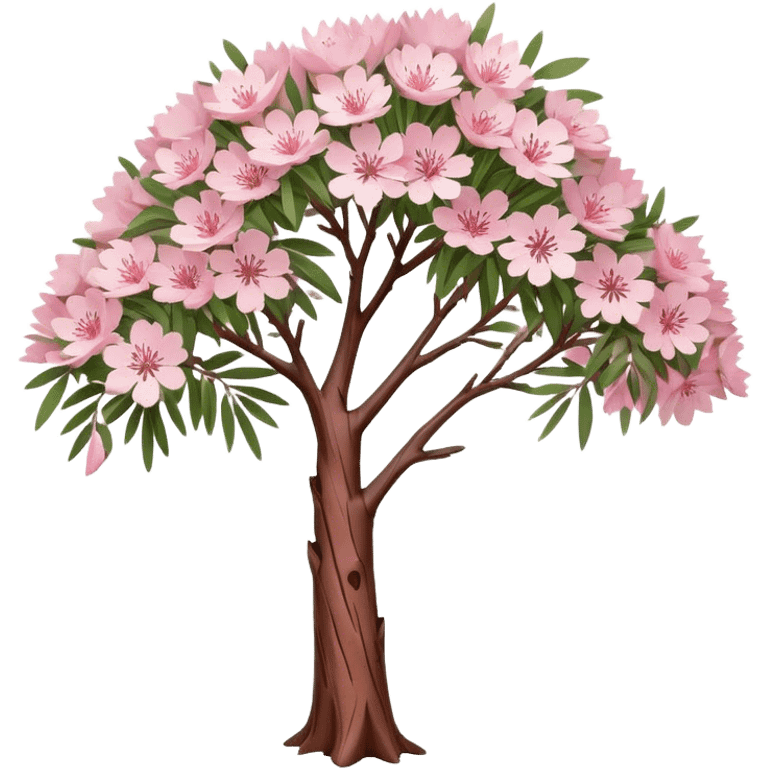 Cinematic Realistic Melaleuca Emoji, Elegant and resilient, with peeling, papery bark and delicate, needle-like leaves. The tree stands tall and graceful, with clusters of white and pink flowers dotting the branches. Soft glowing outline, capturing the essence of natural elegance and resilience in a beautiful melaleuca tree! emoji