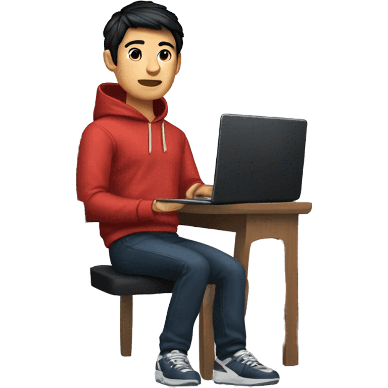 memoji of a man with a laptop in front, apple-style, chinese, navy hoodie, modern,black hair,computer in hand,sitting on a chair emoji