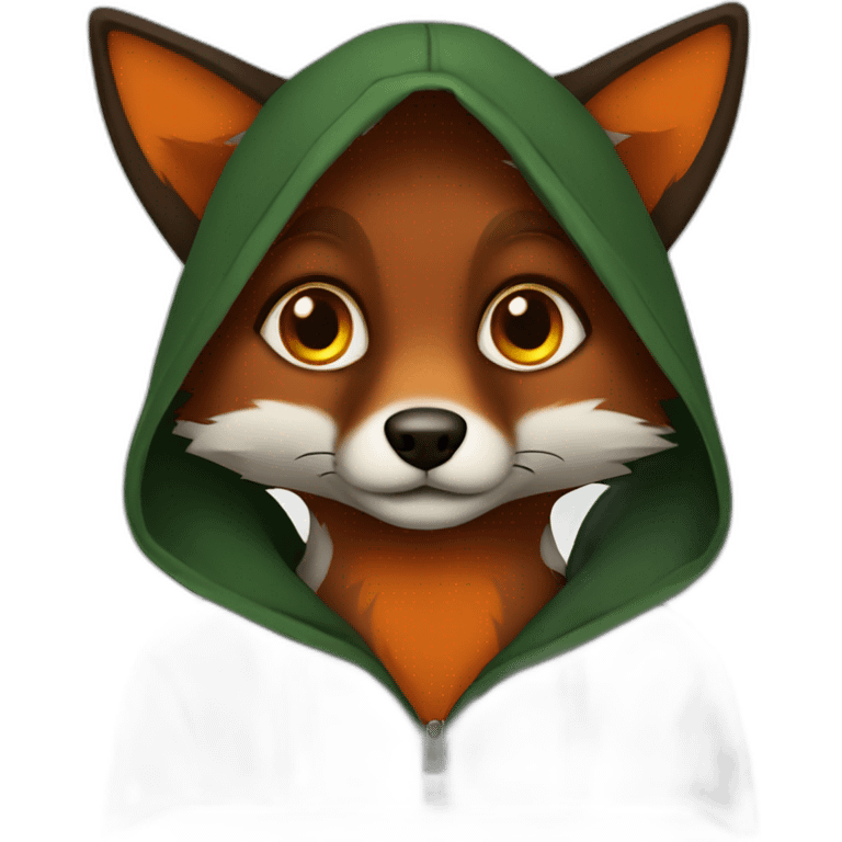 a small dark brown fox with orange eyes with a dark green hood emoji