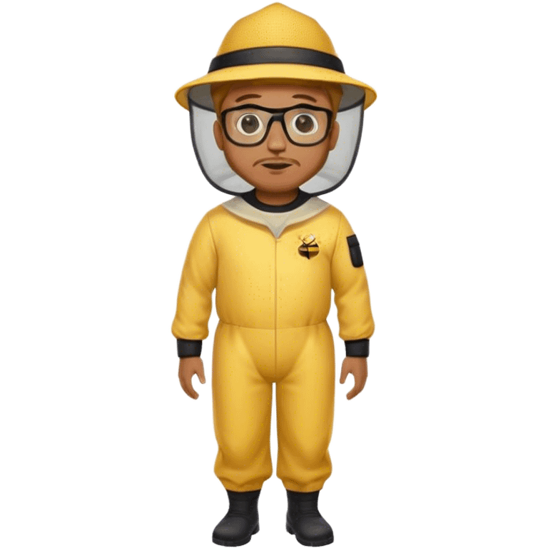 full body medium plus size male bee keeper in yellow and black with short light strawberry blonde hair and goatee wearing glasses with bee keeper hat emoji