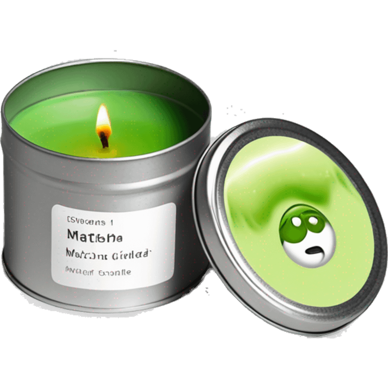 minimal matcha scented lit candle in small silver tin with realistic label emoji