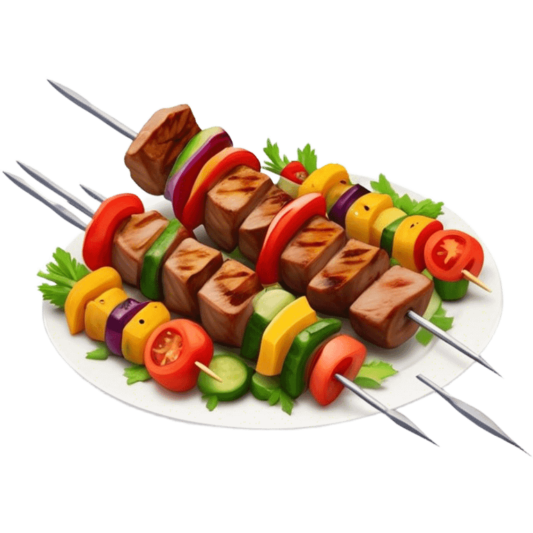 Cinematic Realistic Shish Kebab Dish Emoji, showcasing skewered, grilled meat with vibrant vegetables rendered with dynamic textures and warm, inviting lighting. emoji