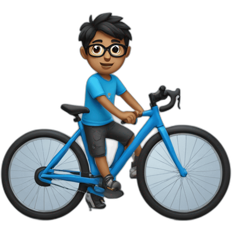 Indian boy in blue tshirt and black specs and cycle emoji