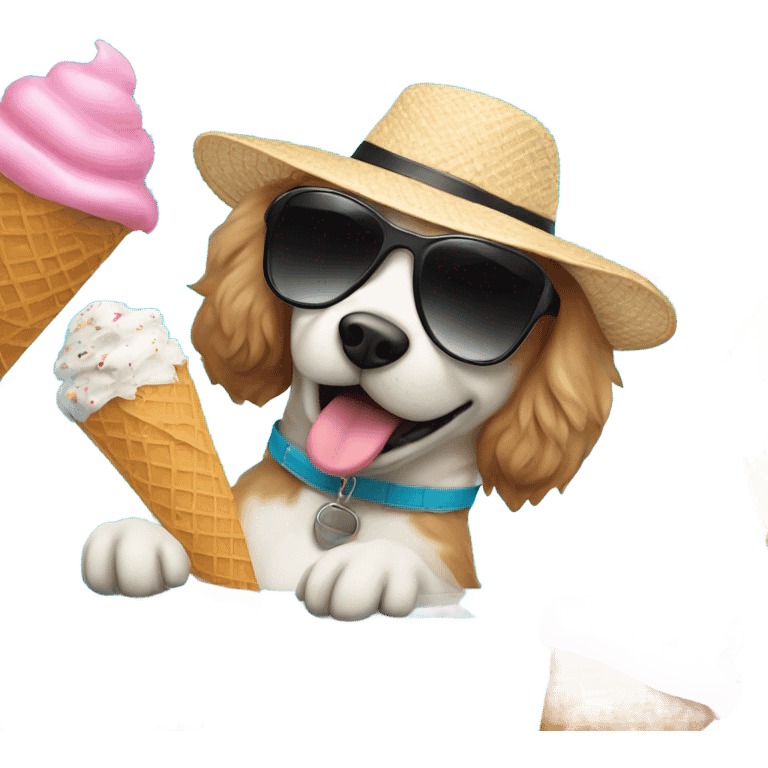 Fluffy dog in pool with sunglasses hat and eating ice cream emoji