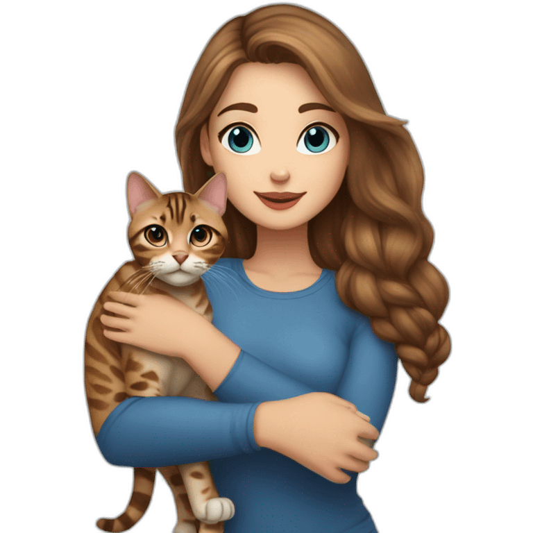 a beautiful girl with brown hair and blue eyes holds a Bengal cat in her arms emoji