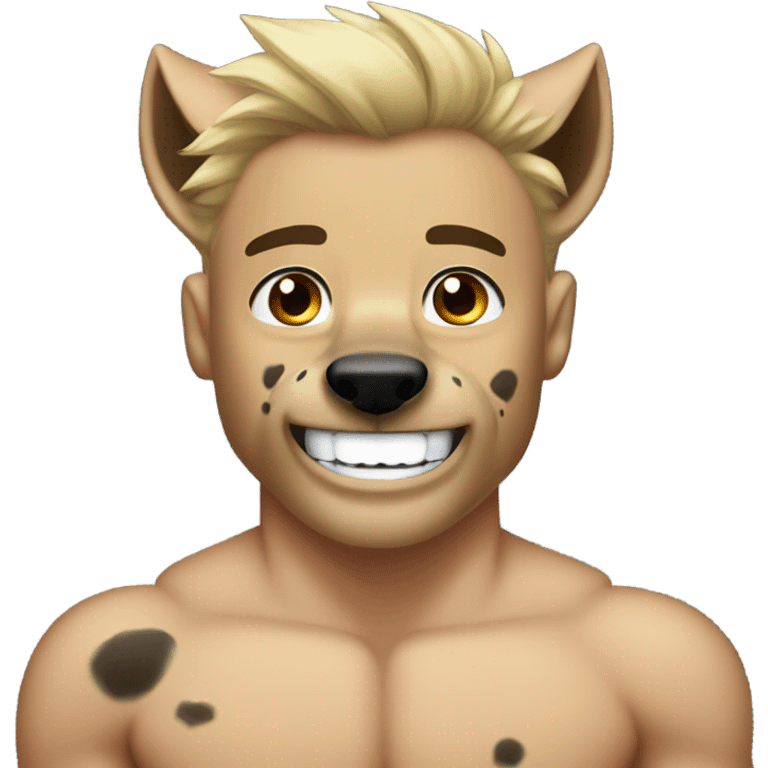 Gay shirtless male hyena muscular, good looking, blue eyes, blonde hair, smile, teeth emoji