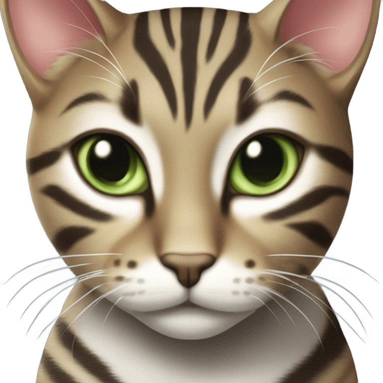 A tabby cat with a white chest and paws, large green eyes, and perked ears. It has a sleek, striped coat with a mix of dark gray and brown tones. emoji