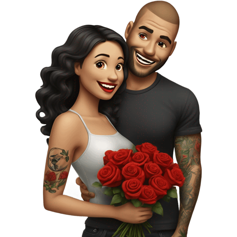 Hyper Realistic beautiful woman smells bouquet of bright red roses laughing with handsome tattooed man  emoji