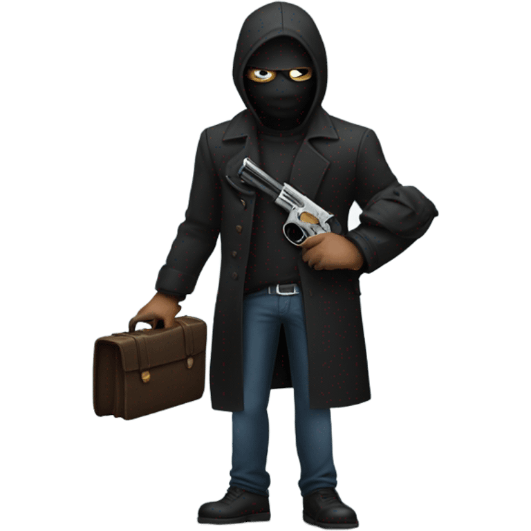 male robber with a mask, a black jacket, a breifcase and a gun emoji