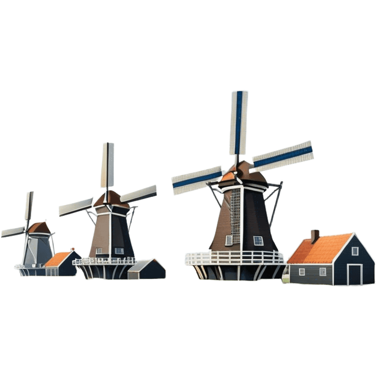 Cinematic Realistic Kinderdijk Windmills Landmark Emoji, depicted as a row of classic Dutch windmills set against a serene sky rendered with detailed textures and soft natural lighting. emoji