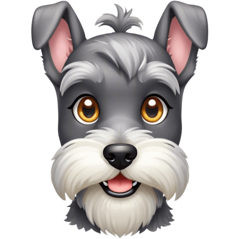 Cinematic Cute Miniature Schnauzer Portrait Emoji, Head cheerfully cocked with expressive, twinkling eyes and a neatly trimmed, adorable salt-and-pepper fur, simplified yet endearingly detailed, glowing with a bright, friendly radiance, high shine, exuding smart and spunky charm, styled with a delicate, whimsical outline, capturing the essence of a cute Miniature Schnauzer that appears ready to scamper off the screen with delightful energy! emoji