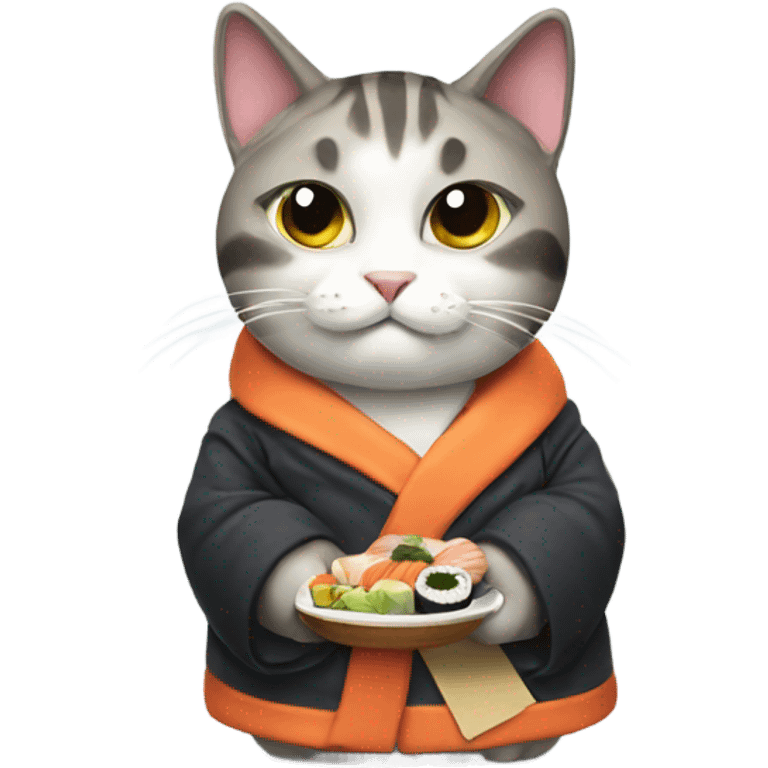 cat wearing a big coat eating sushi emoji