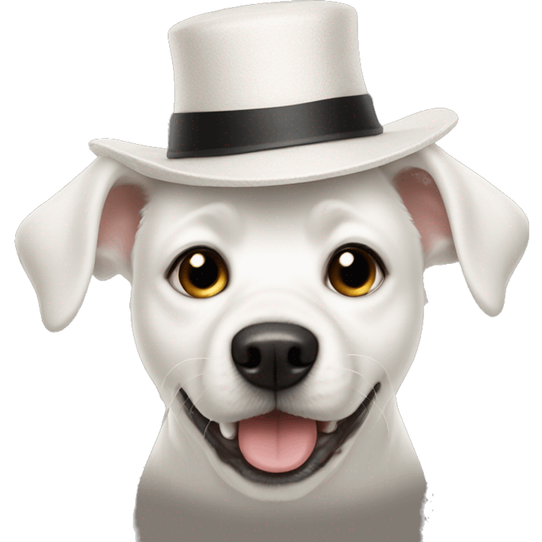 white dog whering a funny hat emoji