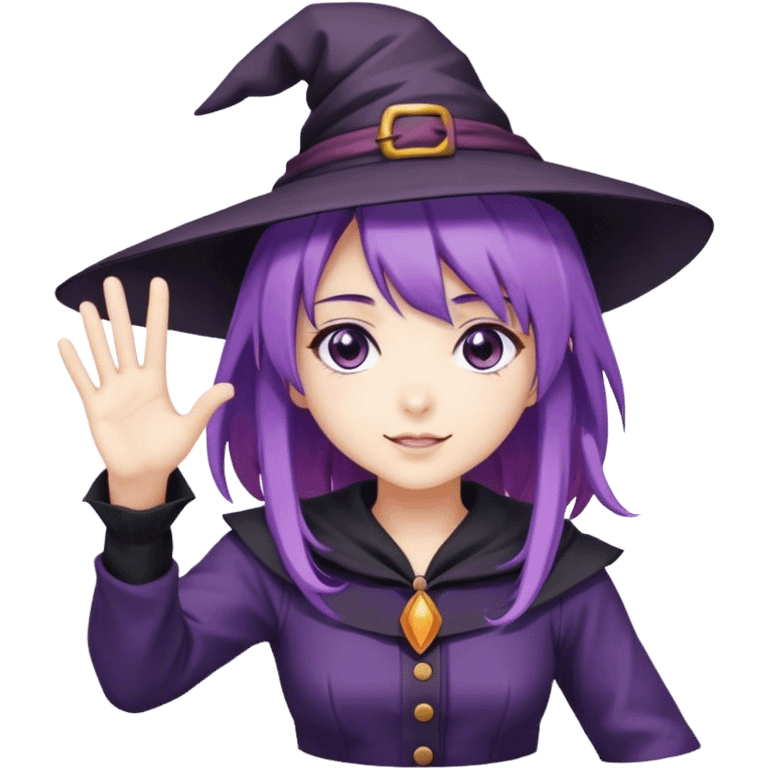 anime girl with purple hair in witch hat waving hand emoji