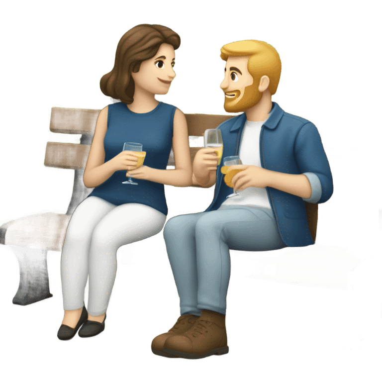 couple with white skin people and brown hair, sitting closely on a park bench, enjoying a romantic moment. One person is holding a croissant, and the other is holding a glass of Prosecco.  emoji