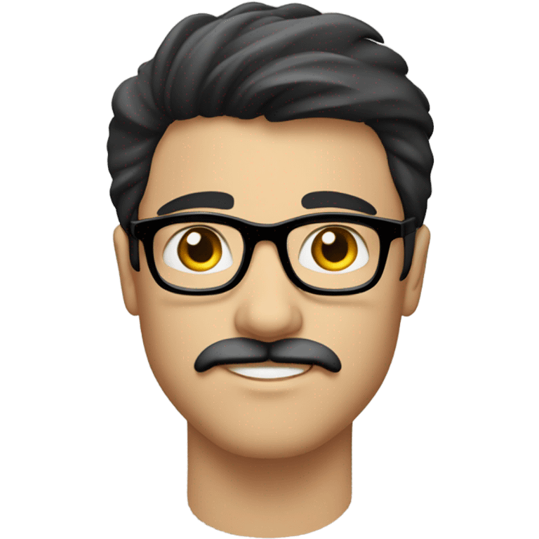 young caucasian man with black straight hair, mustache, and scruff, wearing clear framed glasses emoji