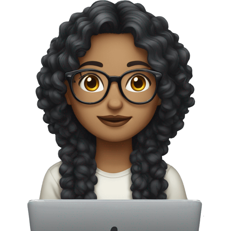 Cute white skin girl with long curly dark hair, glasses, and apple laptop emoji