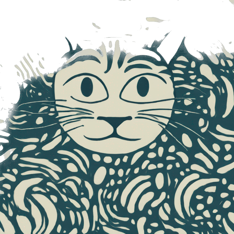 Abstract quirky funky cat made of different shapes and squiggles linocut illustrations  emoji