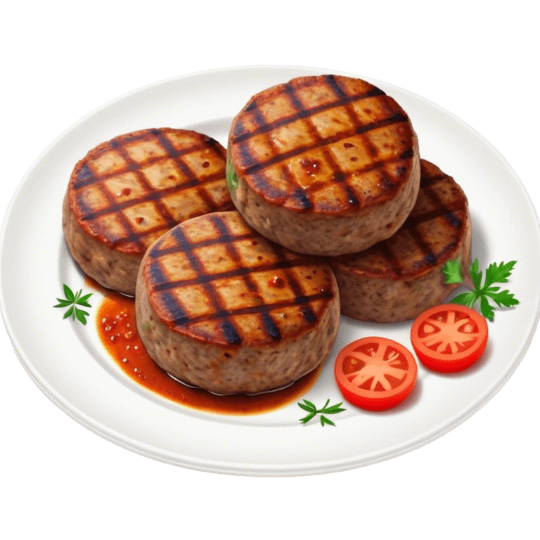 Cinematic Realistic image of Turkish Köfte, presented as perfectly formed, spiced meat patties with detailed textures and subtle grill marks, arranged artfully on a simple plate and illuminated by warm, appetizing lighting that accentuates their savory appeal. emoji