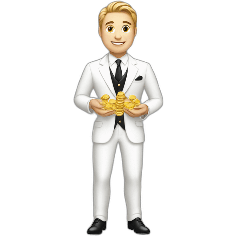 Posh-man-with-white-suit-holding-golden-coins emoji