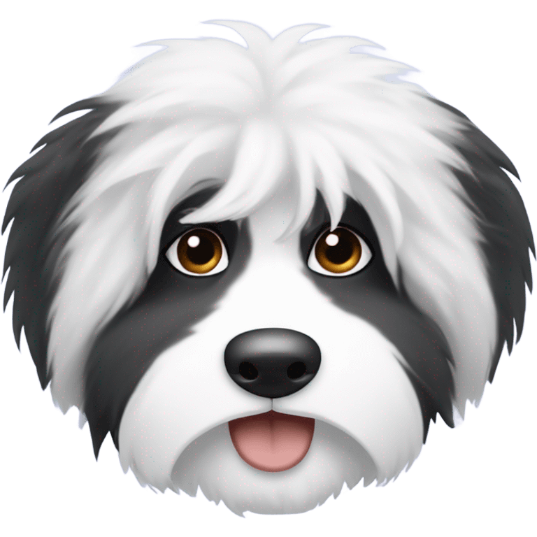 Fluffy Old English sheepdog face with the left half of his face black and the right half of his face white. White around the mouth and nose. Eyes should be completely half and half. No black on left side emoji