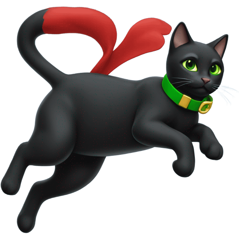 Black cat with green eyes full body flying in the sky wearing red boots emoji