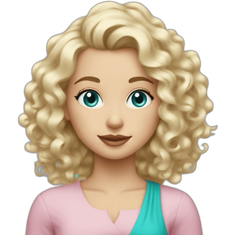 Blonde curly hair mid length sidecut.  Belgian girl. blue eyes with turquoise earrings and light pink features emoji